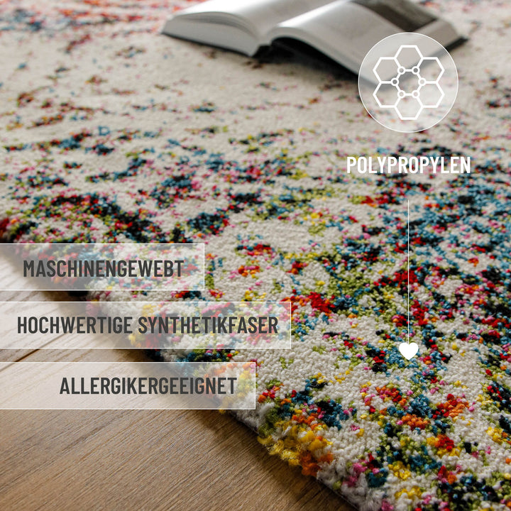 Kurzflorteppich Multi "Modernina 2.0" von WECONhome, Materialdetail mit Hinweis auf hochwertige Synthetikfaser und maschinelle Webart