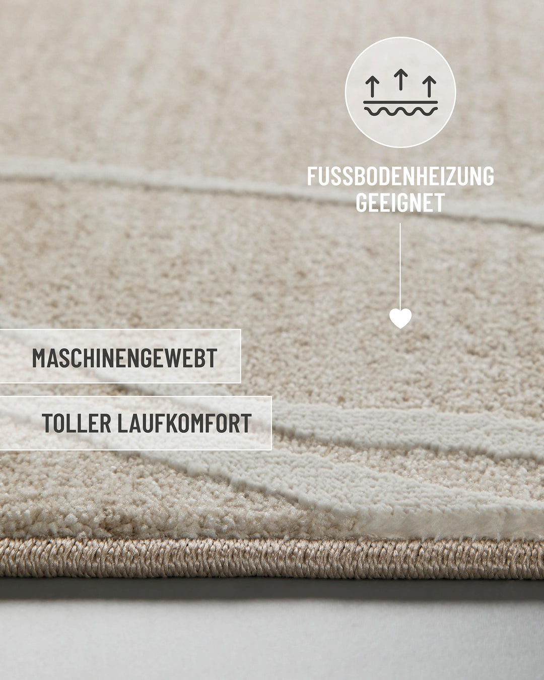 Kurzflor Teppich Elite in Beige Bunt mit eingeblendeten Komfort und Materialeigenschaften