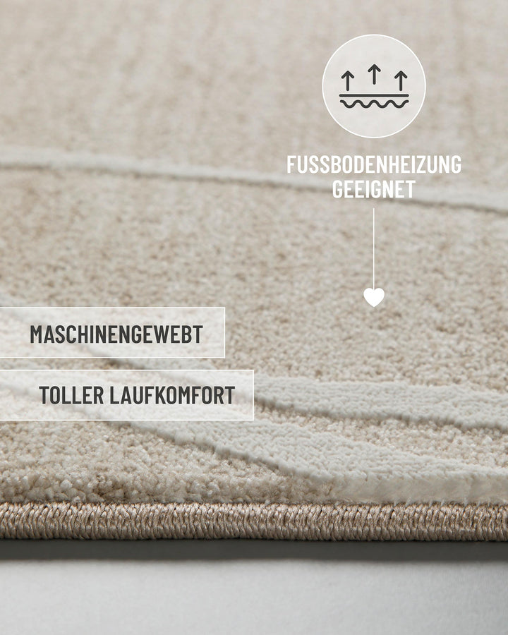 Kurzflor Teppich Elite in Beige Bunt mit eingeblendeten Komfort und Materialeigenschaften