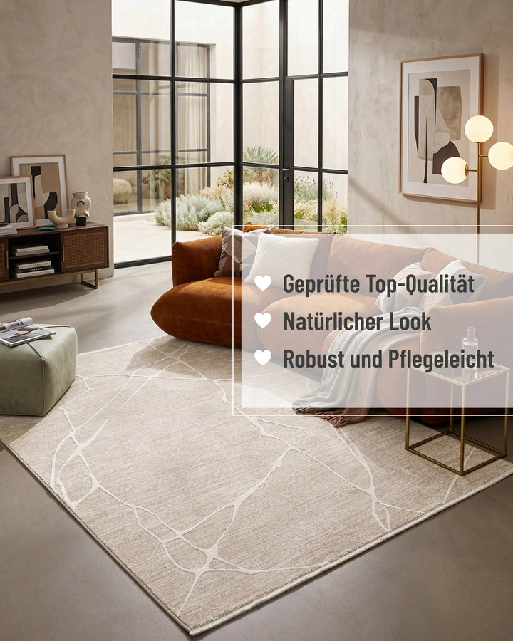 Kurzflor Teppich Elite in Beige Bunt im Wohnbereich mit eingeblendeten Qualitätsmerkmalen