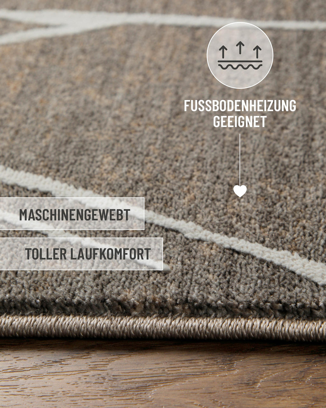 Kurzflor Teppich Elite in Beige Grau mit modernem Linienmuster und eingeblendeten Komforteigenschaften