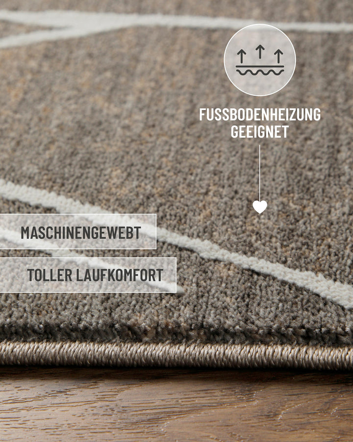 Kurzflor Teppich Elite in Beige Grau mit modernem Linienmuster und eingeblendeten Komforteigenschaften