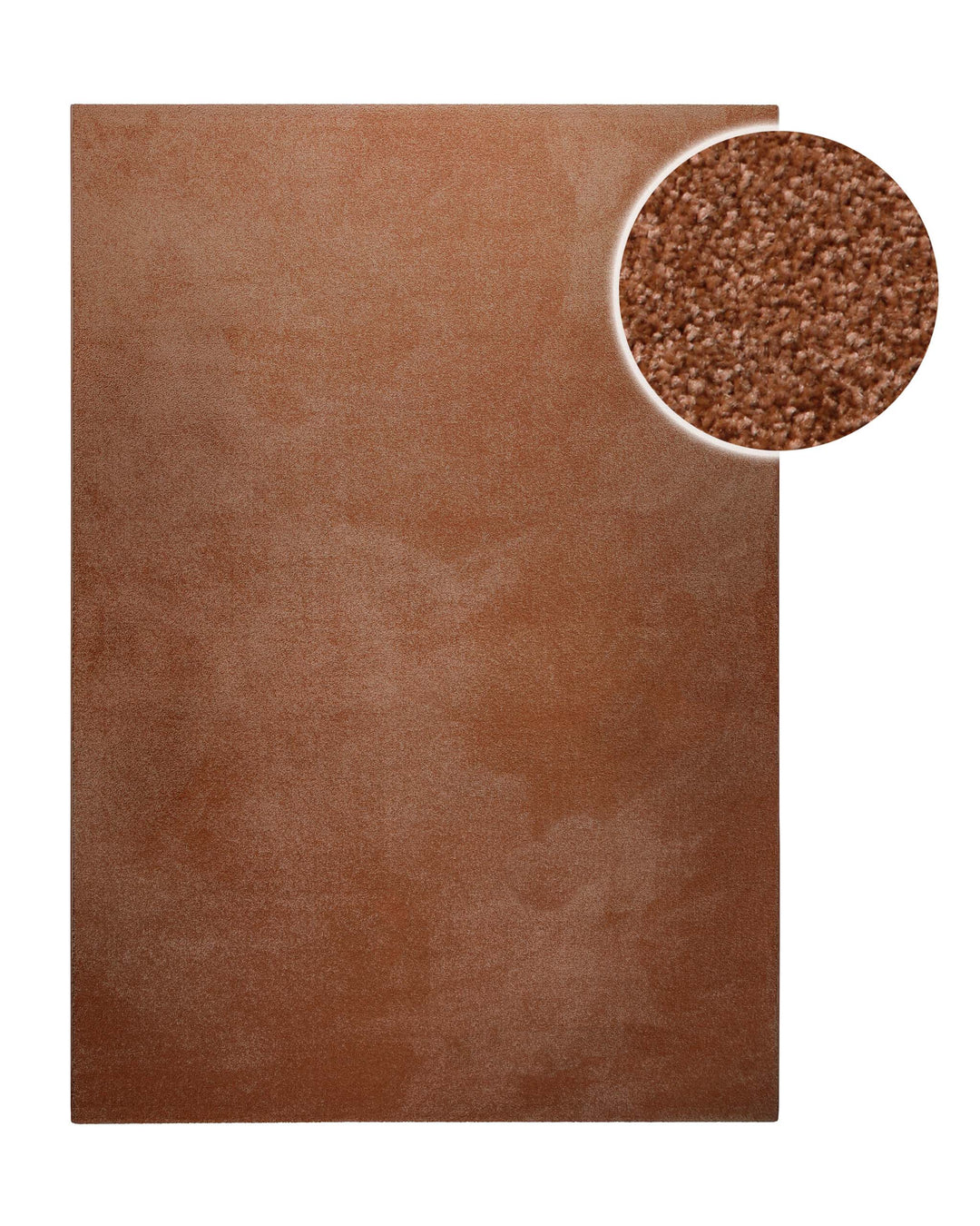 Kurzflor Teppich Freja Ziegel Rot rechteckig, Draufsicht mit Detailausschnitt der gleichmäßigen Florstruktur