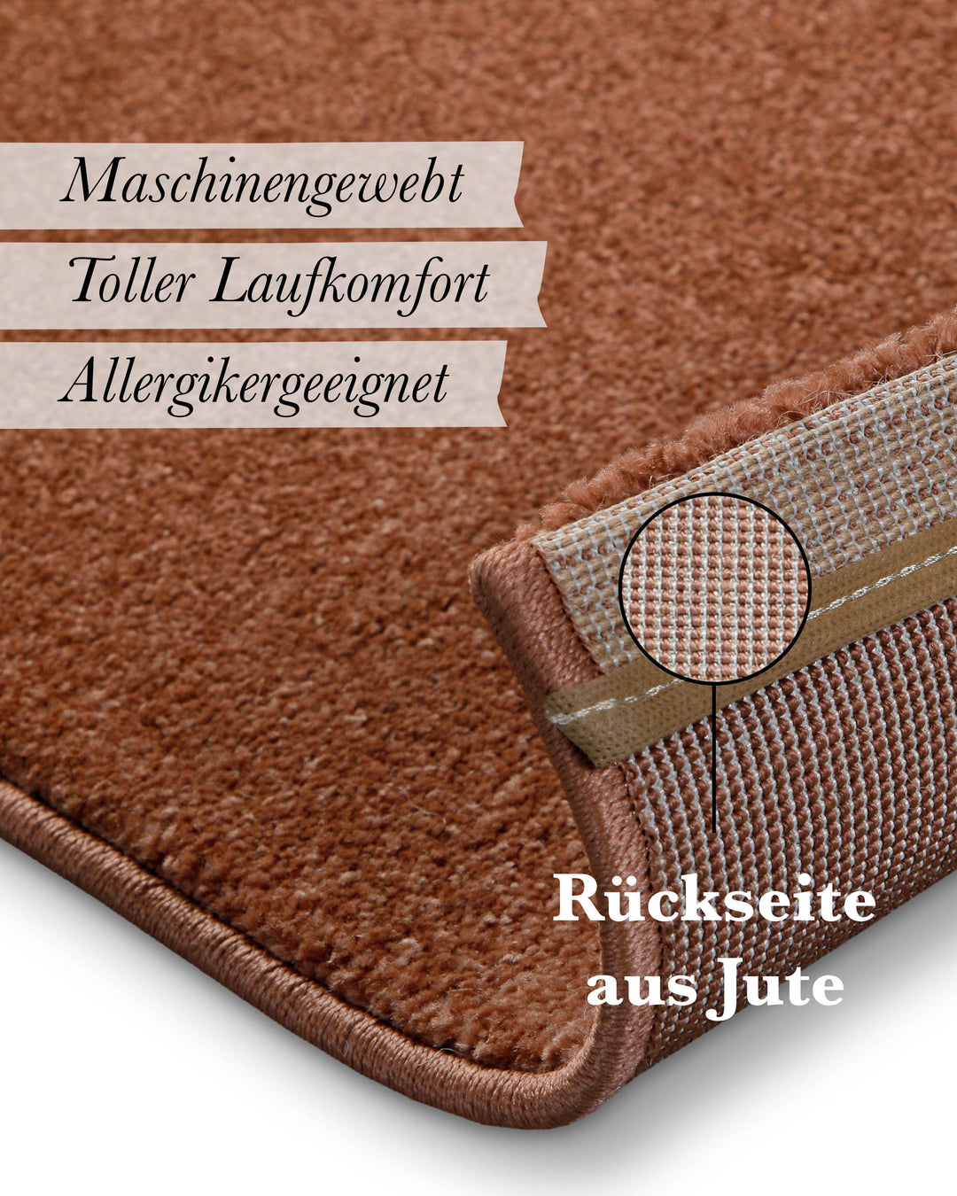 Kurzflor Teppich Freja Ziegel Rot Detail der Rückseite mit Jute-Träger und Materialaufbau