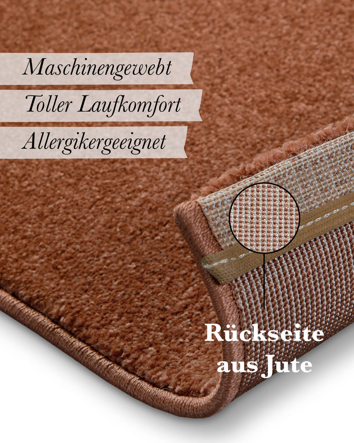 Kurzflor Teppich Freja Ziegel Rot Detail der Rückseite mit Jute-Träger und Materialaufbau