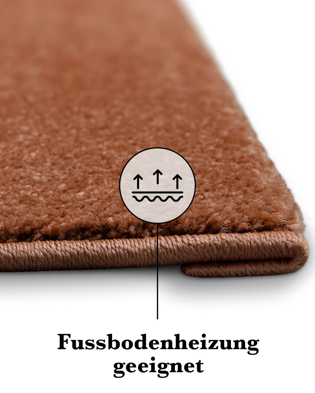 Kurzflor Teppich Freja Ziegel Rot Detailaufnahme der Kante mit Hinweis für Fußbodenheizung geeignet