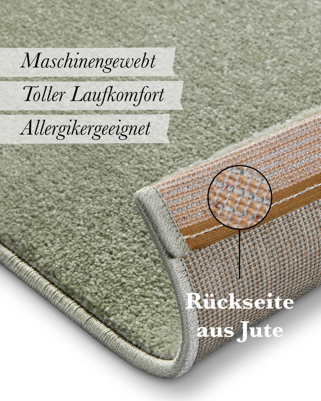 Kurzflor Teppich Freja Licht Grün Detail der Rückseite mit Hinweis auf Jute-Träger und Materialaufbau