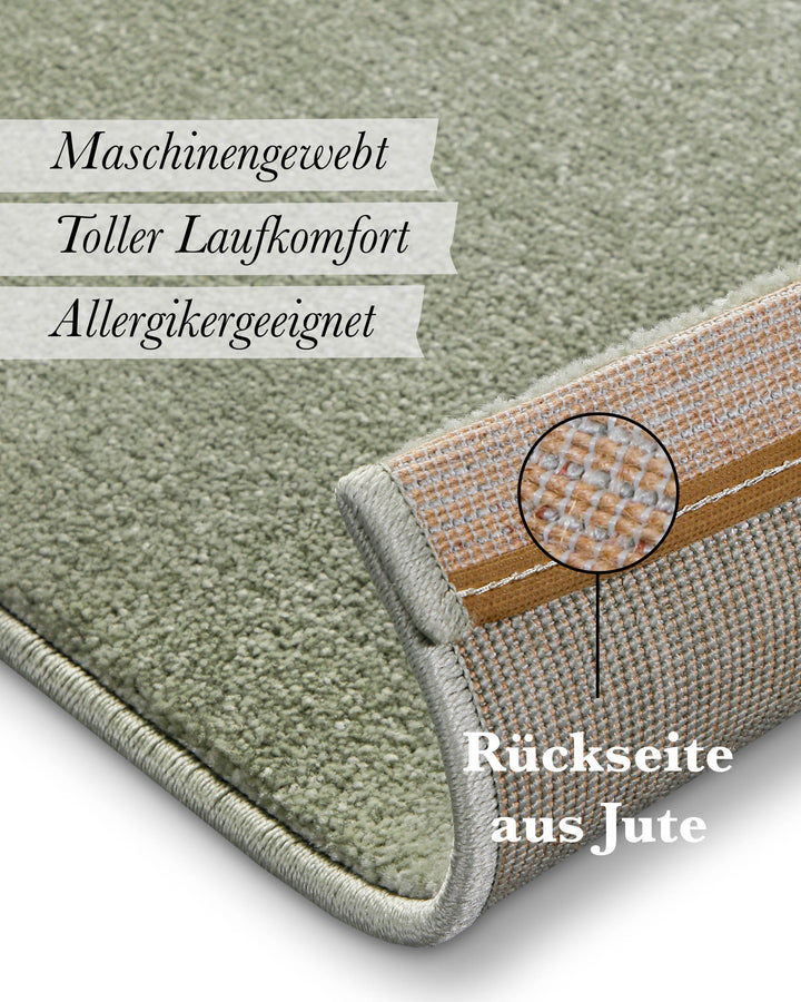 Kurzflor Teppich Freja Licht Grün Detail der Rückseite mit Hinweis auf Jute-Träger und Materialaufbau