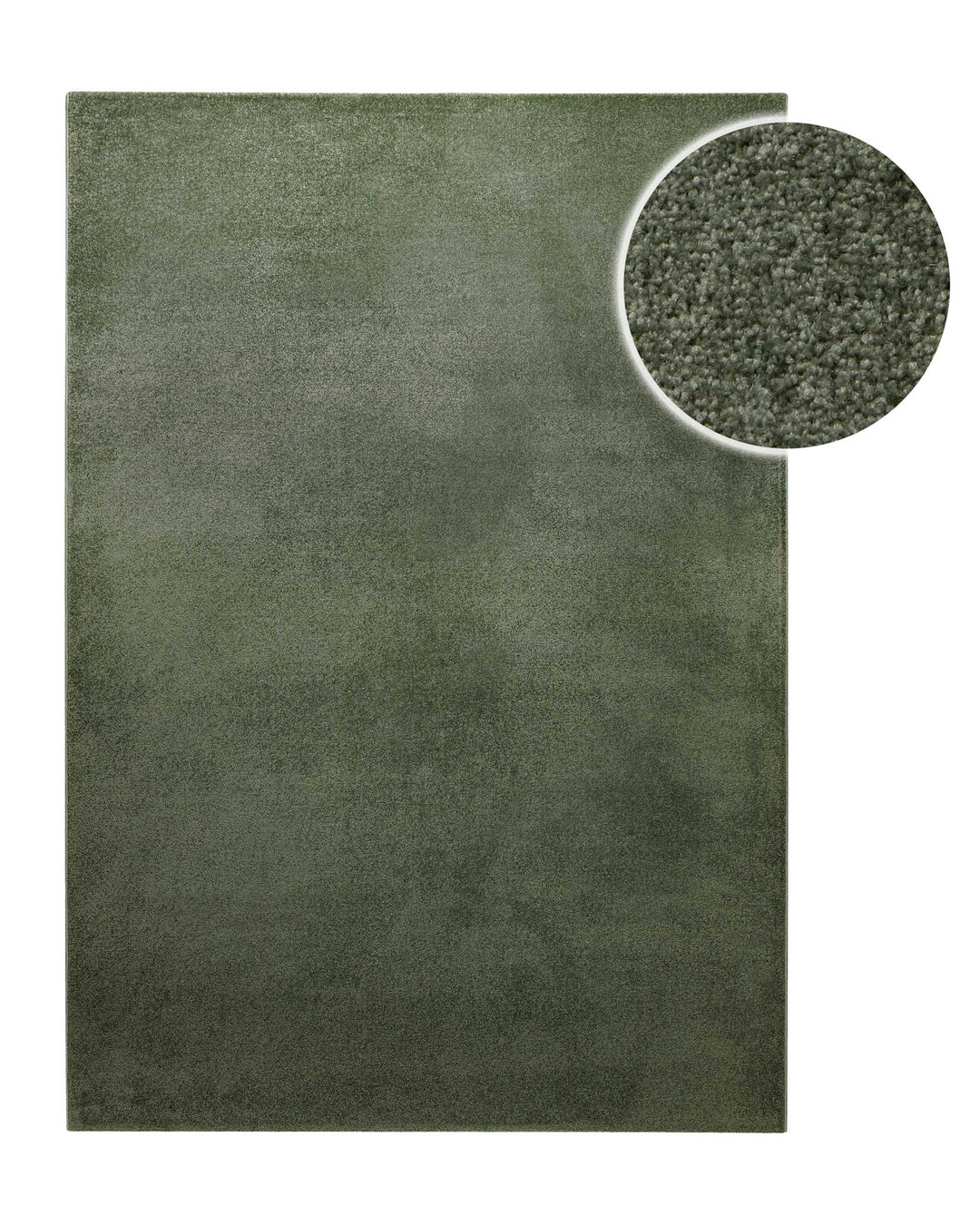 Kurzflor Teppich Freja Laub Grün rechteckig, Draufsicht mit Detailausschnitt der dichten Florstruktur