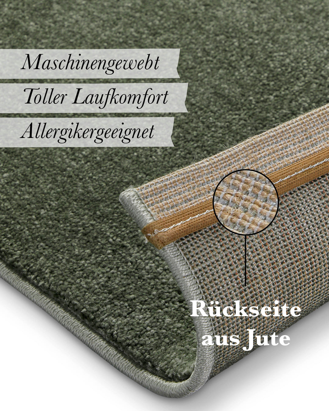 Kurzflor Teppich Freja Laub Grün Detail der Rückseite mit Jute-Träger und Materialaufbau