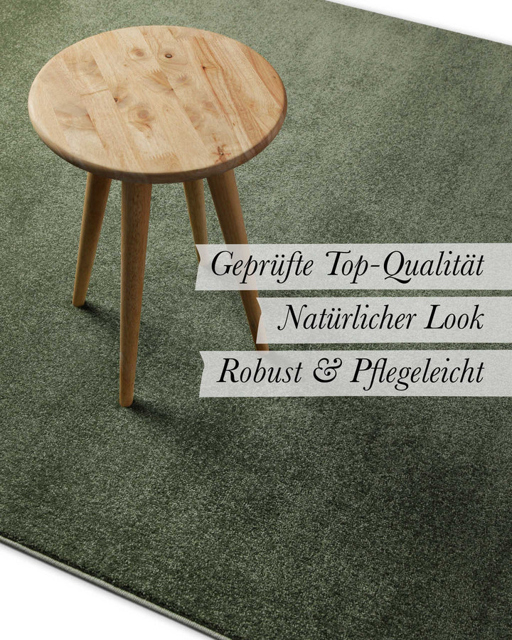 Kurzflor Teppich Freja Laub Grün im Wohnraum mit Eigenschaften wie geprüfte Qualität und natürlicher Look
