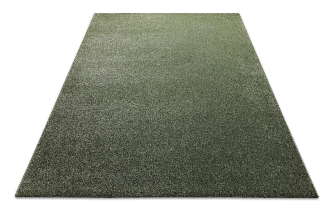 Kurzflor Teppich Freja Laub Grün rechteckig flach ausgelegt mit niedriger Florhöhe