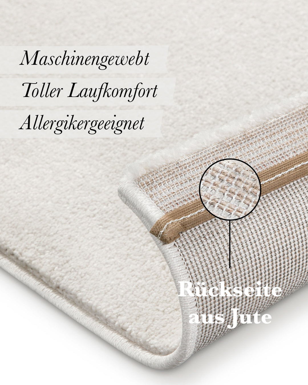 Kurzflor Teppich Freja Creme Weiß Detail der Rückseite mit sichtbarer Jute-Beschichtung