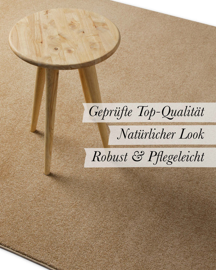Kurzflor Teppich Freja Sand Beige im Wohnraum mit Eigenschaften wie geprüfte Qualität und natürlicher Look