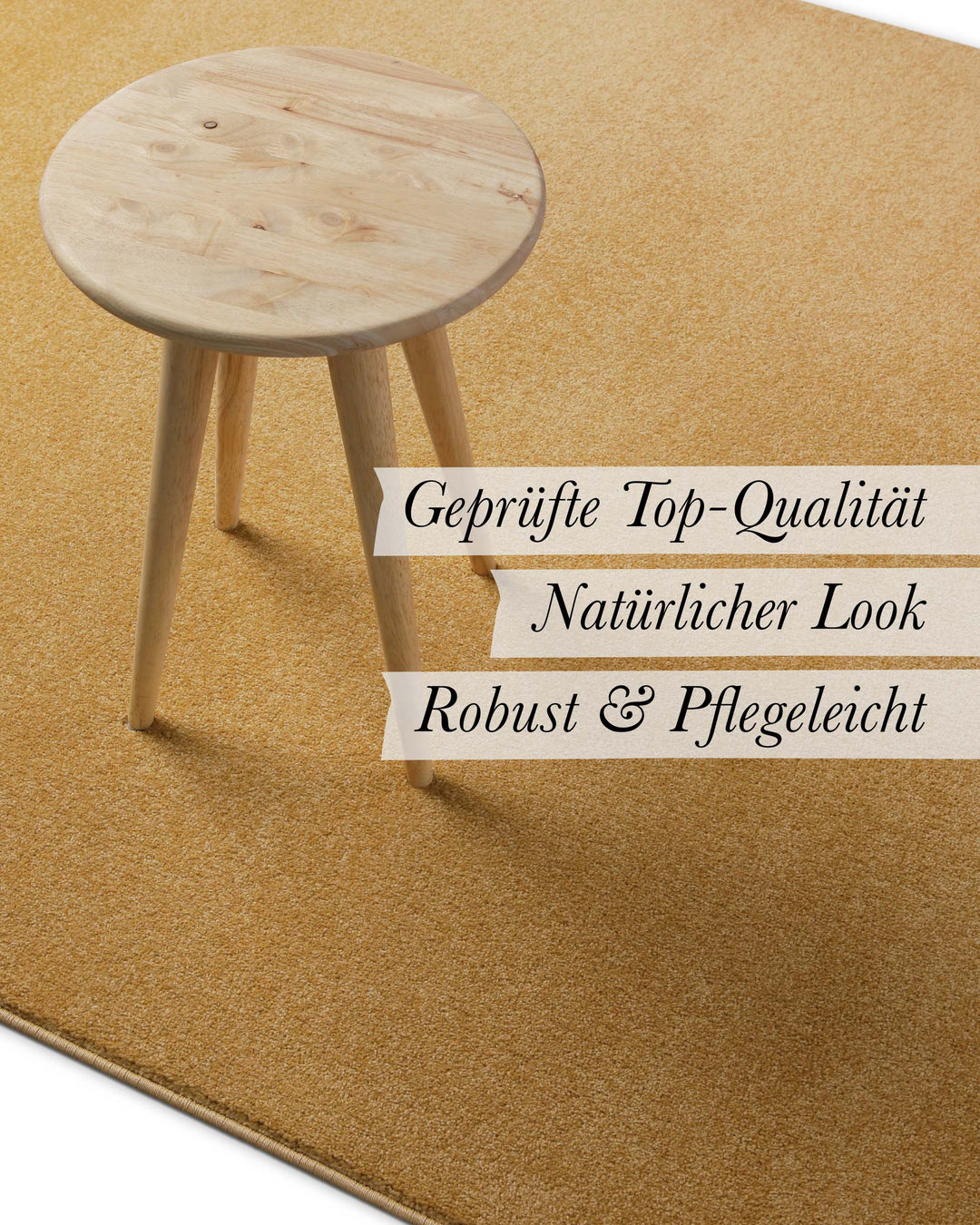 Szene mit eingeblendeten Qualitätsmerkmalen wie natürlicher Look und langlebige Verarbeitung