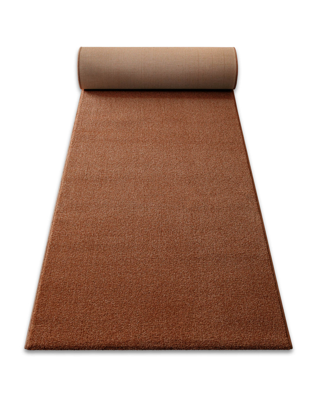 Kurzflor Teppich Läufer Vegas Rot aufgerollt, Seitenansicht zeigt Florhöhe und textile Rückseite