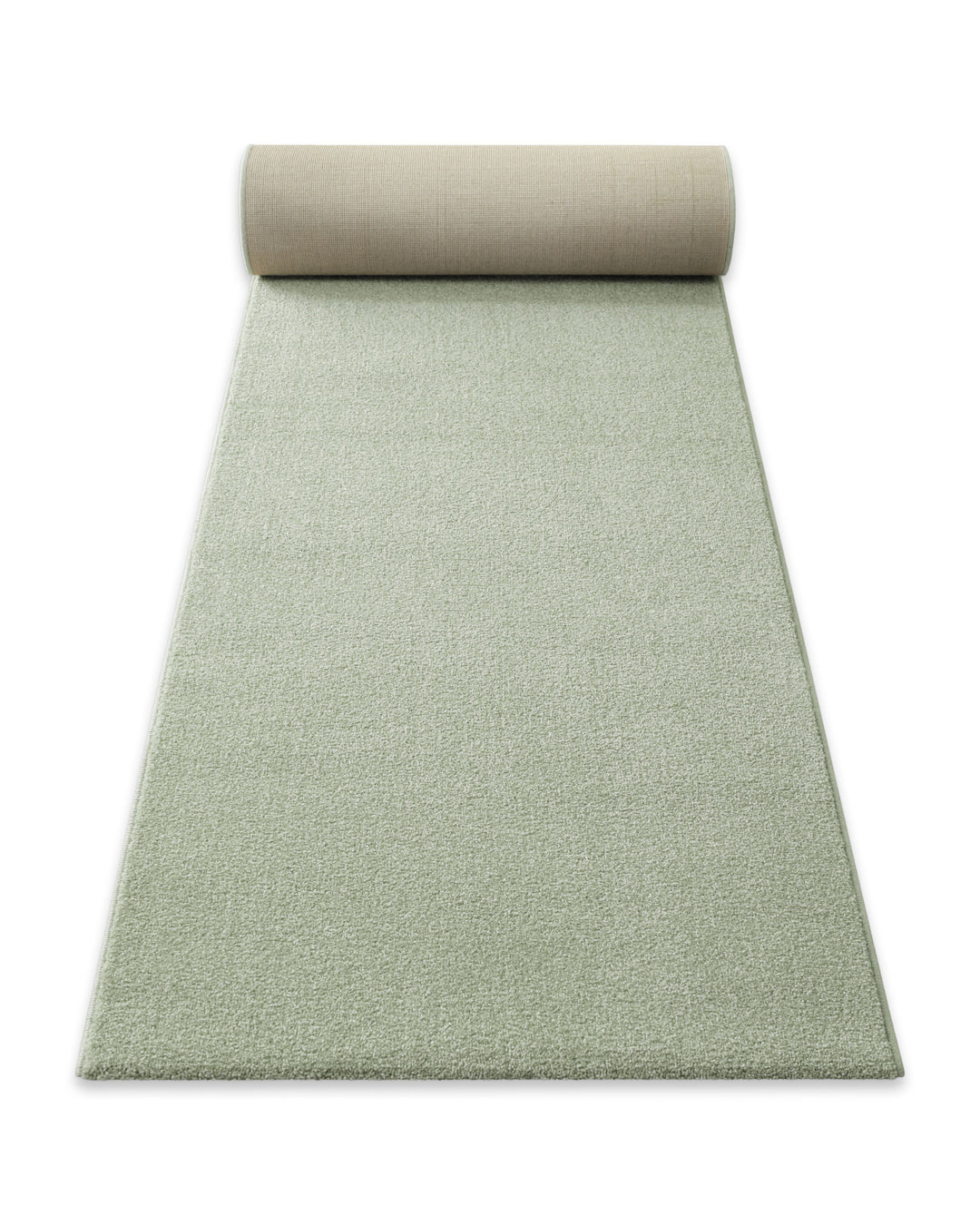 Kurzflor Teppich Läufer Vegas Hellgrün aufgerollt, Seitenansicht zeigt Florhöhe und textile Rückseite