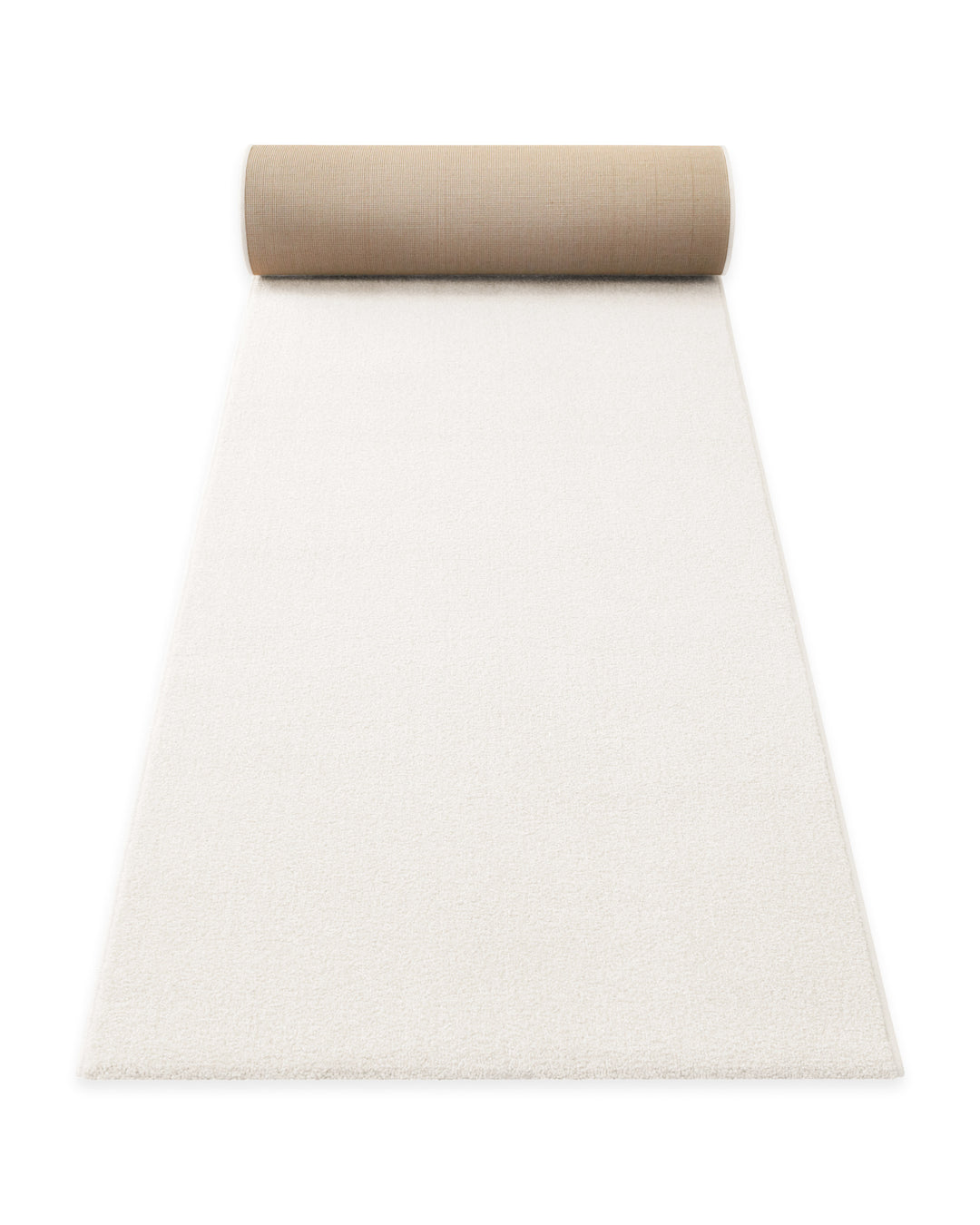 Kurzflor Teppich Läufer Vegas Creme aufgerollt, Seitenansicht zeigt Florhöhe und textile Rückseite