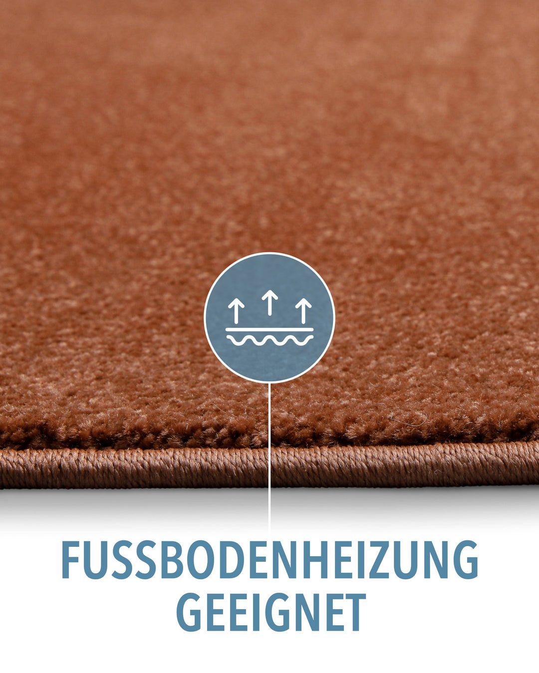 Kurzflor Teppich Montepulciano Ziegel Rot Detail mit Symbol für Fußbodenheizung geeignet