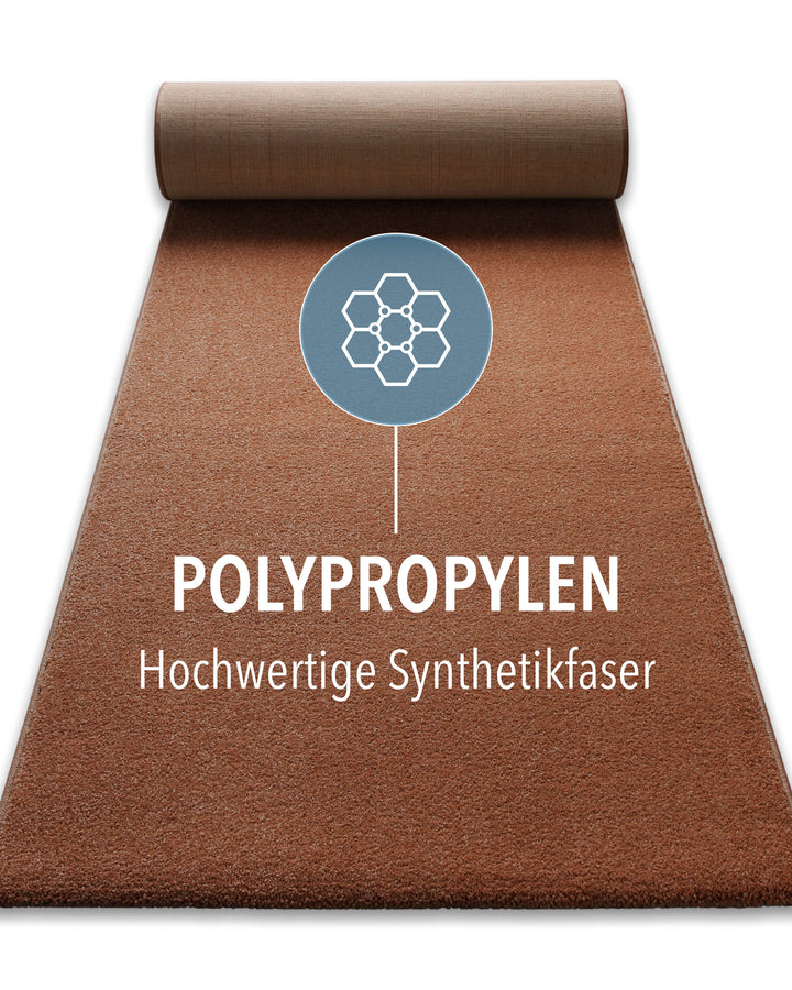 Kurzflor Teppich Montepulciano Ziegel Rot mit Hinweis auf hochwertige Synthetikfaser aus Polypropylen