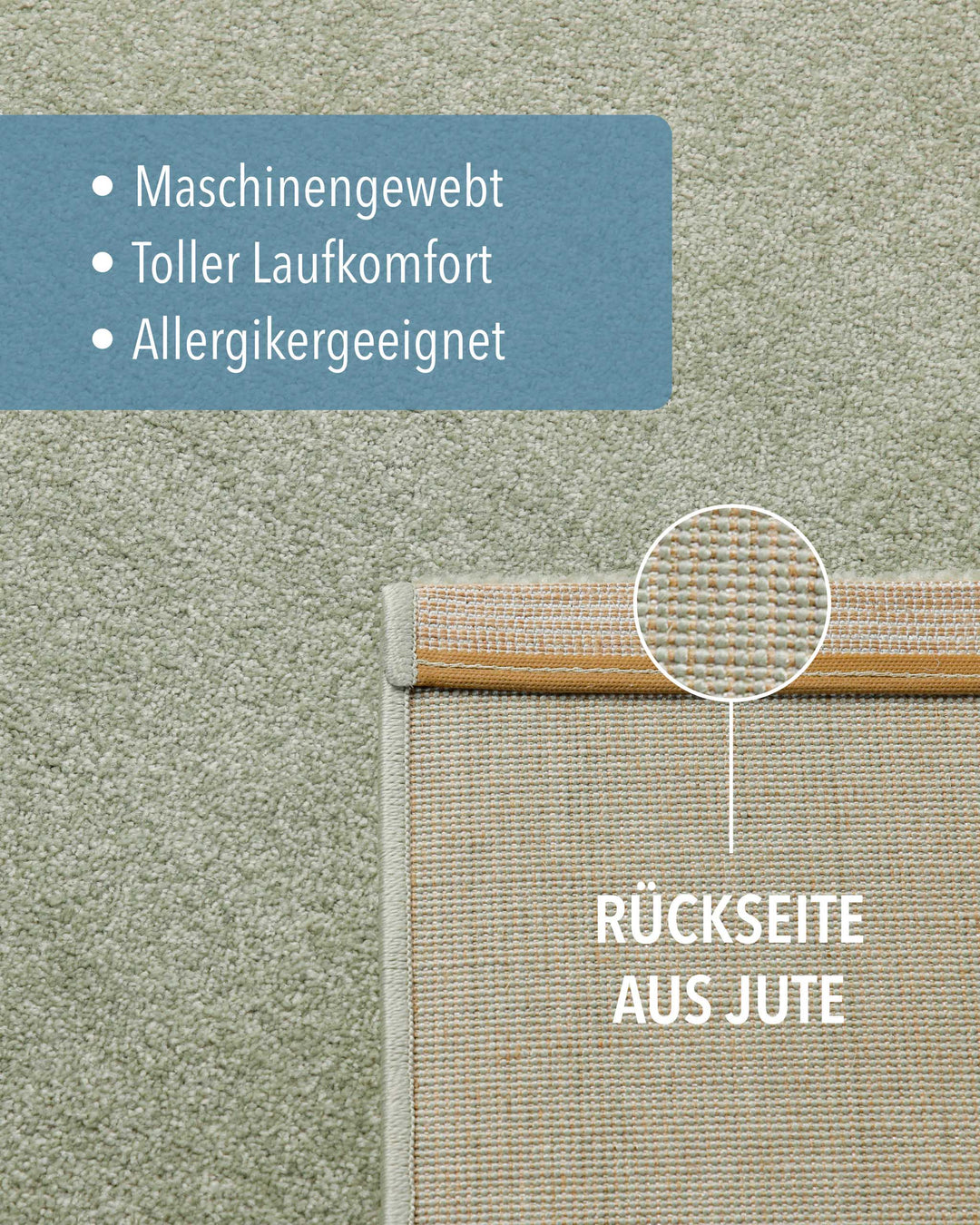 Kurzflor Teppich Montepulciano Lindgrün Detail der Rückseite aus Jute und Materialaufbau