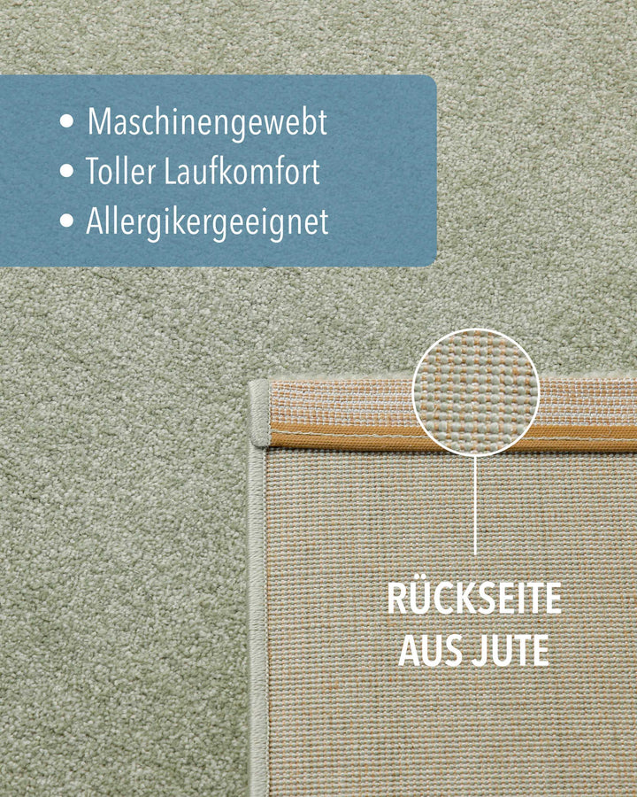 Kurzflor Teppich Montepulciano Lindgrün Detail der Rückseite aus Jute und Materialaufbau