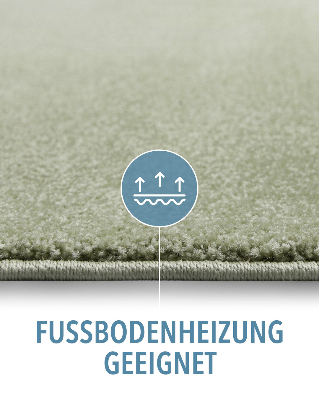Kurzflor Teppich Montepulciano Lindgrün Detail mit Symbol für Fußbodenheizung geeignet