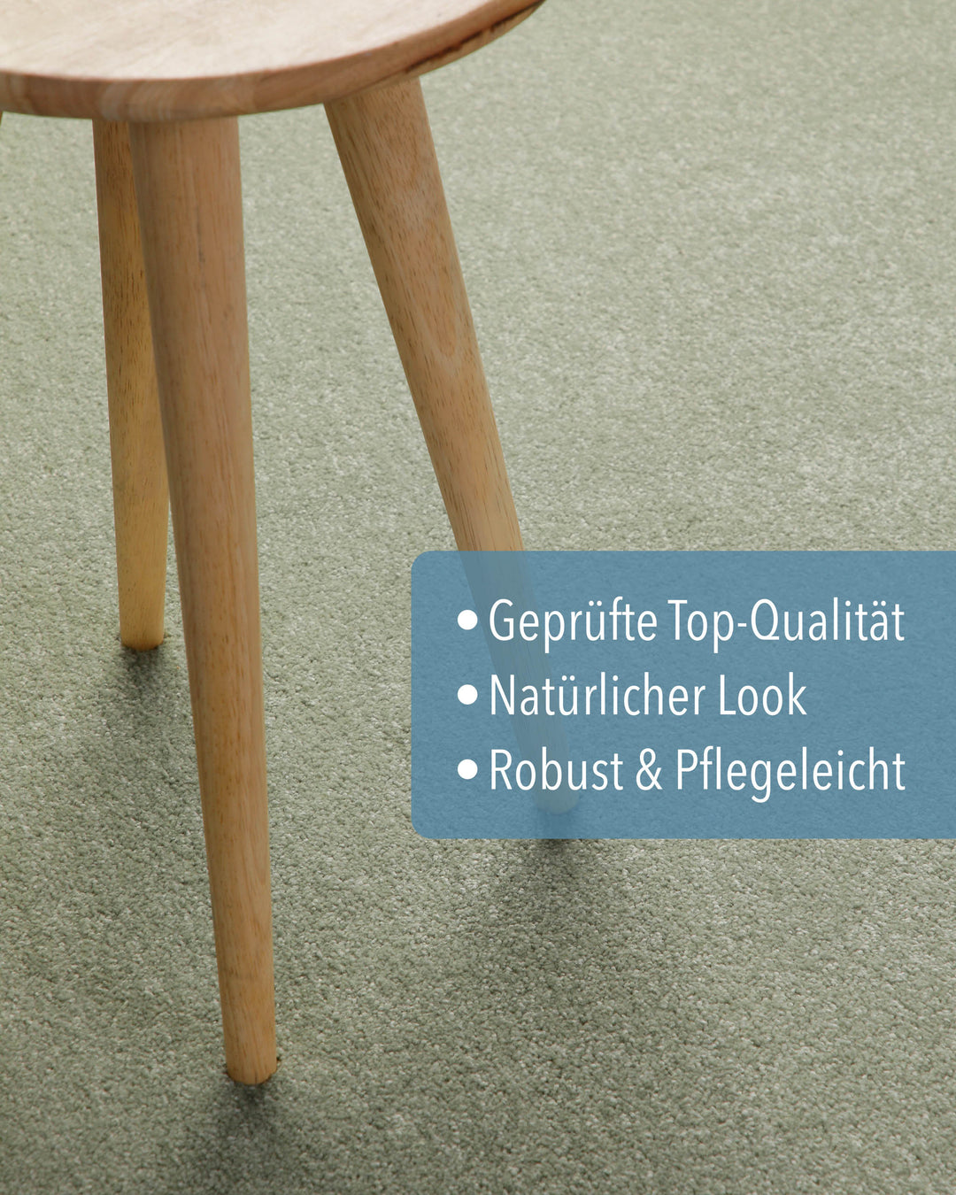 Kurzflor Teppich Montepulciano Lindgrün mit Eigenschaften wie geprüft, natürlicher Look und pflegeleicht