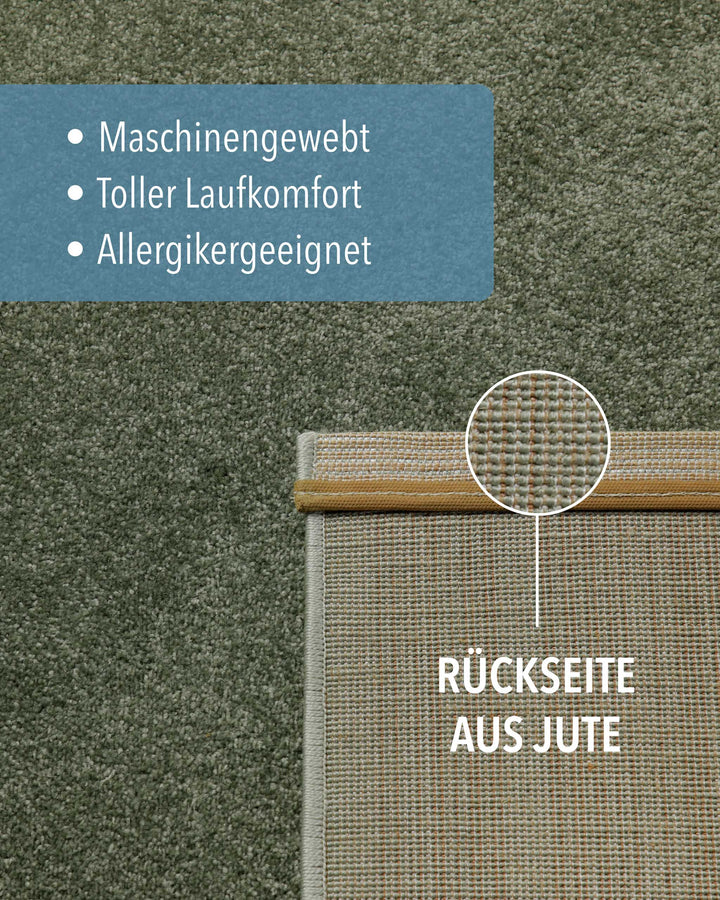 Kurzflor Teppich Montepulciano Laub Grün Detail Rückseite aus Jute mit Materialaufbau