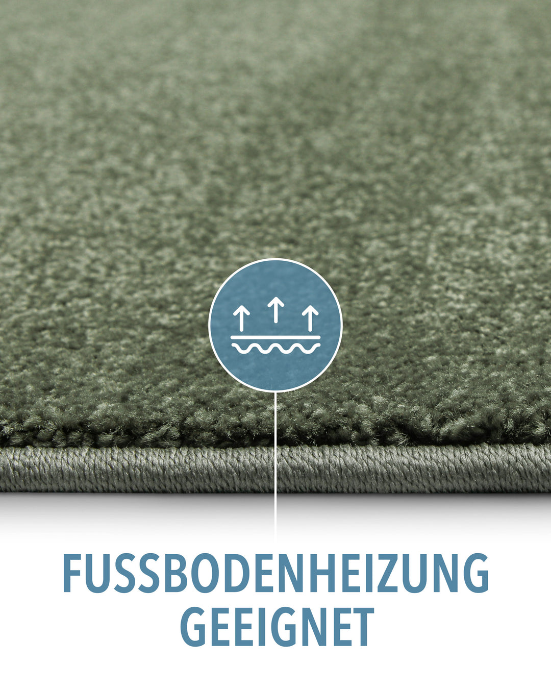 Kurzflor Teppich Montepulciano Laub Grün Detail mit Symbol für Fußbodenheizung geeignet