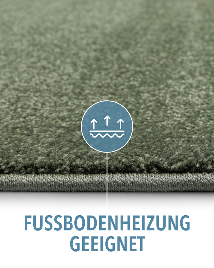 Kurzflor Teppich Montepulciano Laub Grün Detail mit Symbol für Fußbodenheizung geeignet