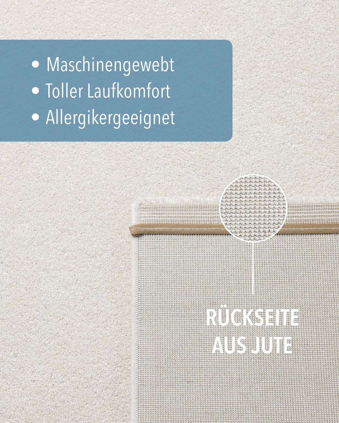 Kurzflor Teppich Montepulciano Creme Weiß Detail der Rückseite aus Jute und Materialaufbau