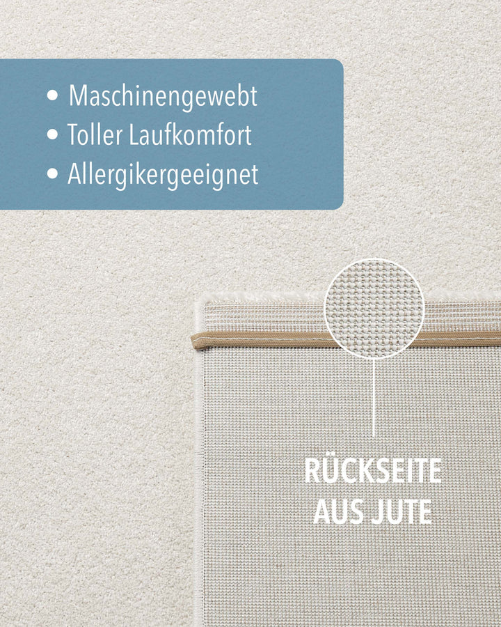 Kurzflor Teppich Montepulciano Creme Weiß Detail der Rückseite aus Jute und Materialaufbau