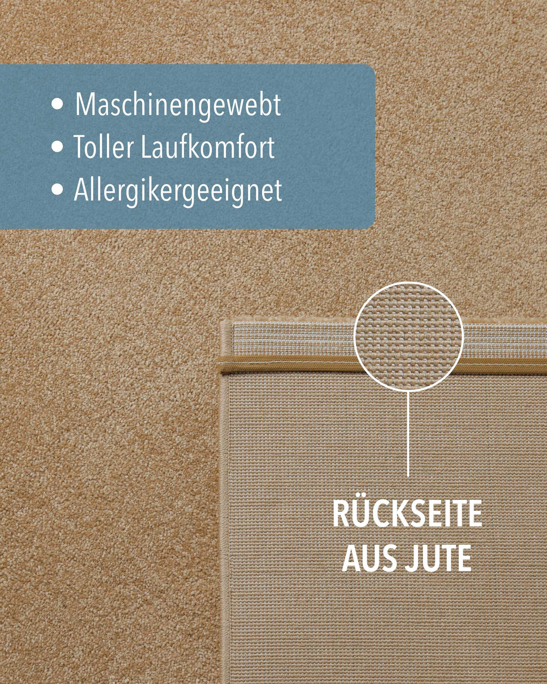 Kurzflor Teppich Montepulciano Sand Beige Detail der Rückseite aus Jute und Materialaufbau