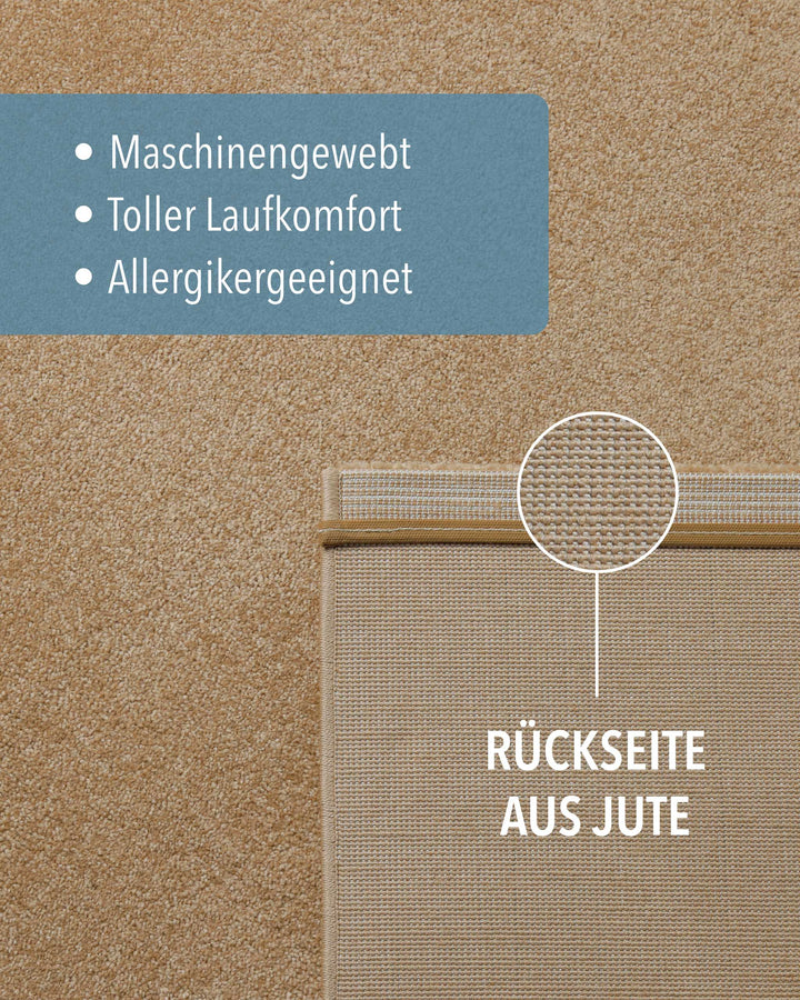 Kurzflor Teppich Montepulciano Sand Beige Detail der Rückseite aus Jute und Materialaufbau