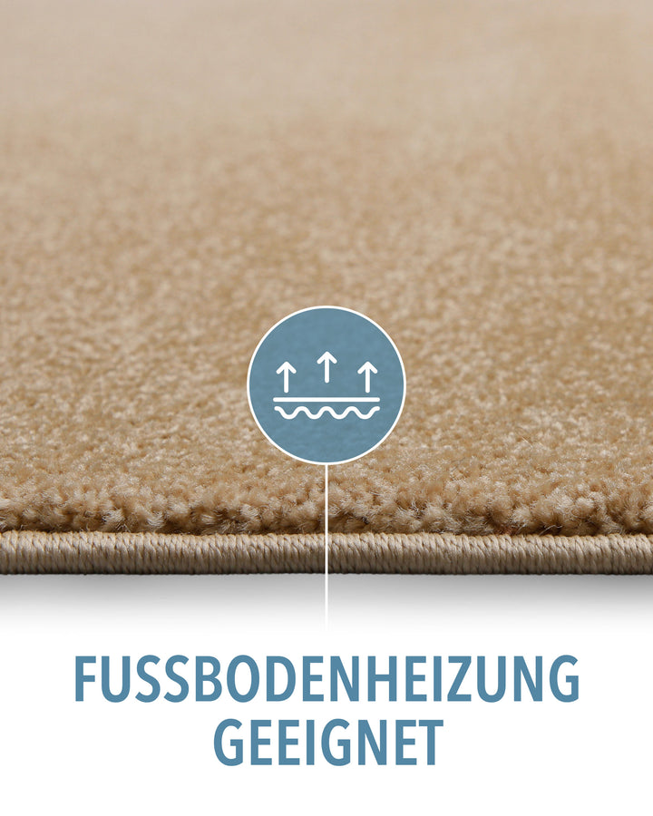 Kurzflor Teppich Montepulciano Sand Beige Detail mit Symbol für Fußbodenheizung geeignet