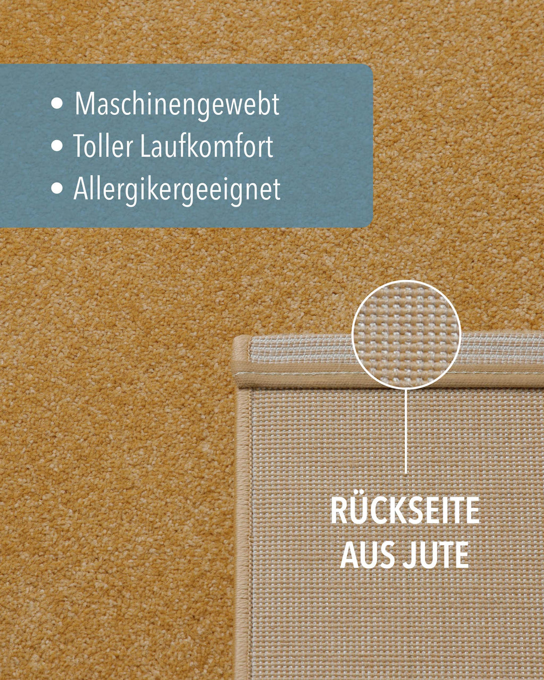 Kurzflor Teppich Montepulciano Ocker Gelb Detail der Rückseite aus Jute und Materialaufbau