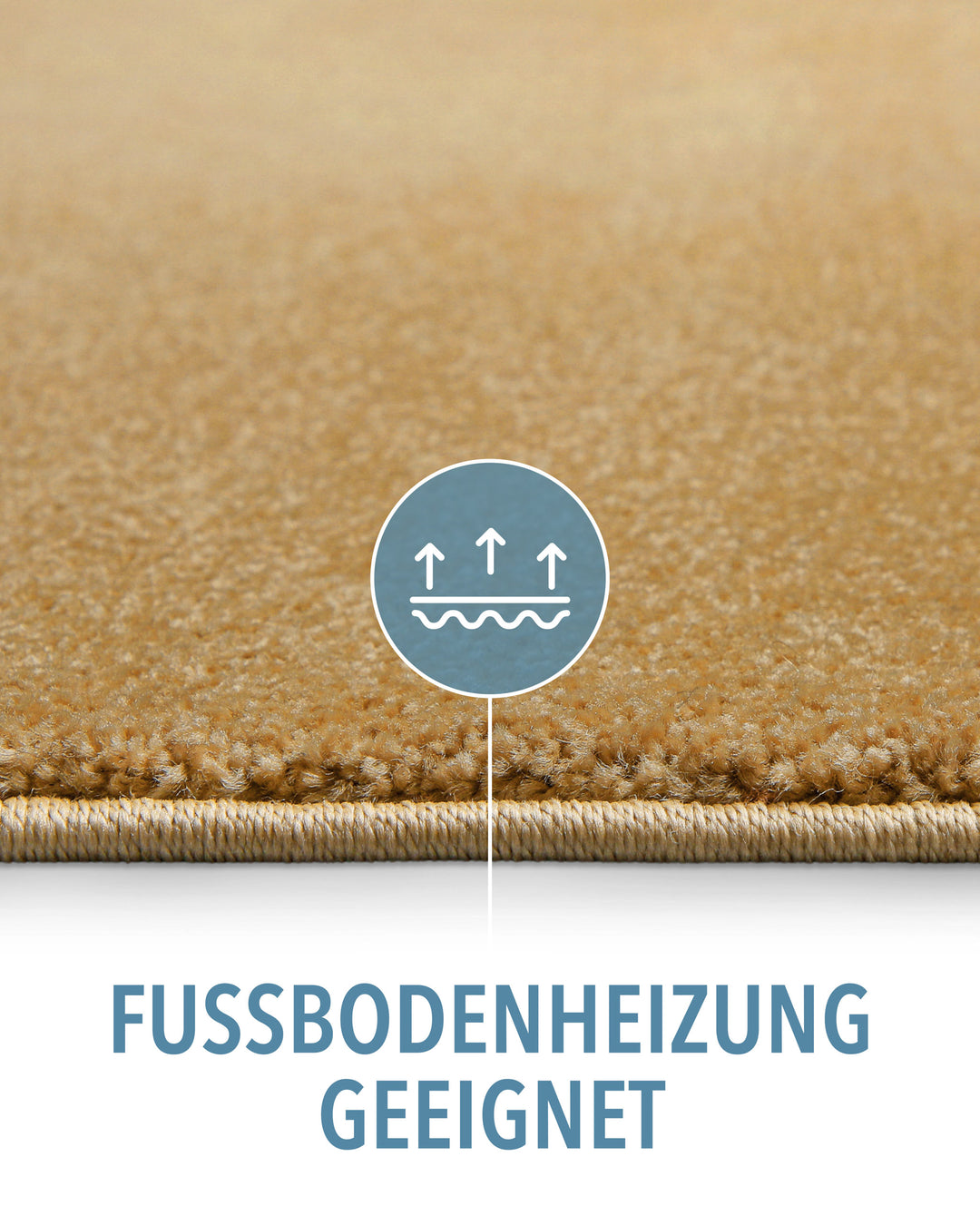 Kurzflor Teppich Montepulciano Ocker Gelb Detail mit Symbol für Fußbodenheizung geeignet