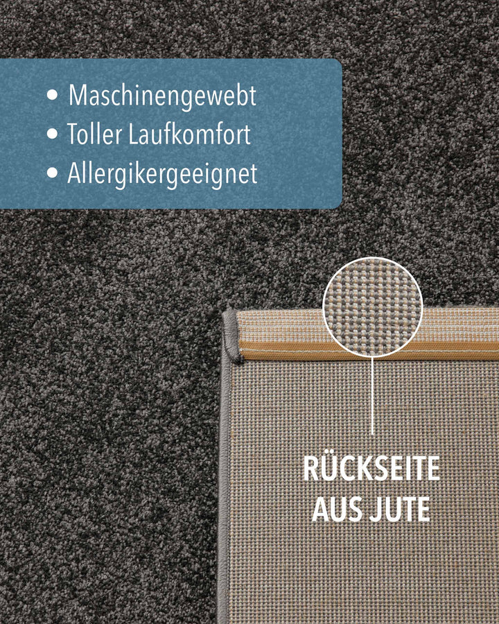 Kurzflor Teppich Montepulciano Anthrazit Grau Detail der Rückseite aus Jute und Materialaufbau