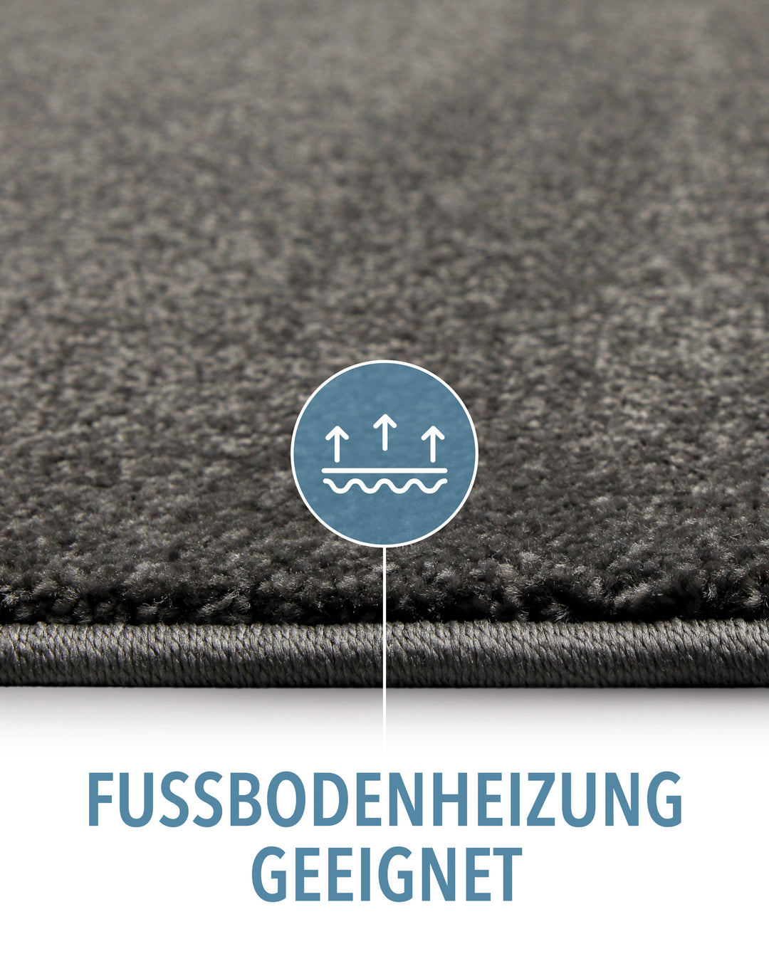 Kurzflor Teppich Montepulciano Anthrazit Grau Detail mit Symbol für Fußbodenheizung geeignet