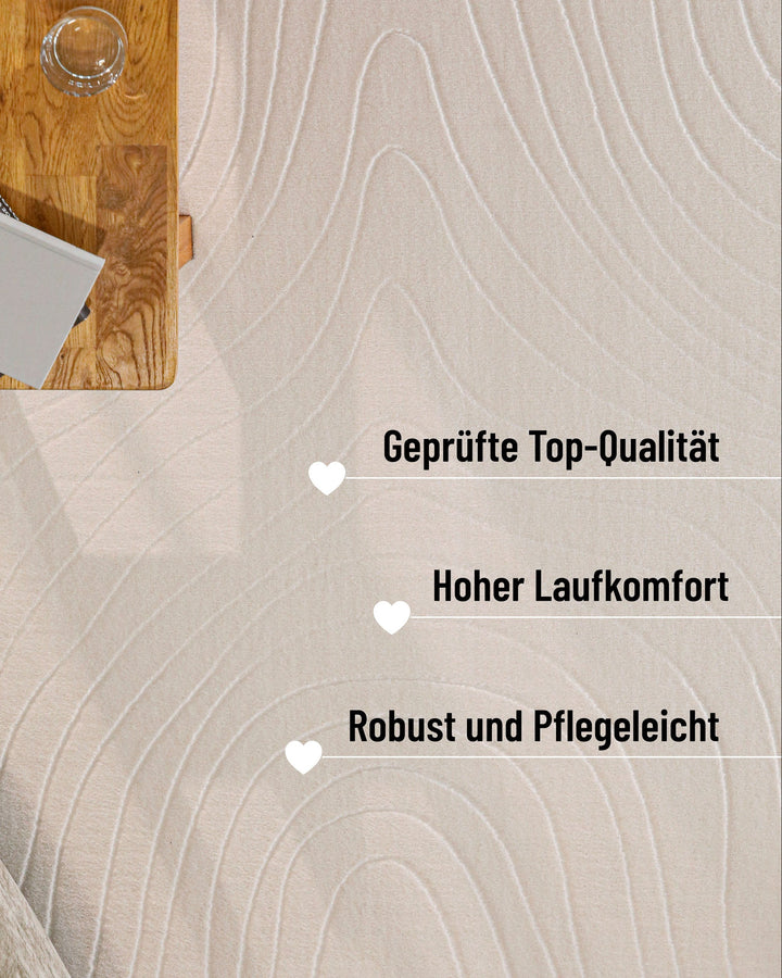 Nuuk Flow Teppich creme-weiß Detail unter Tisch, robust und pflegeleicht