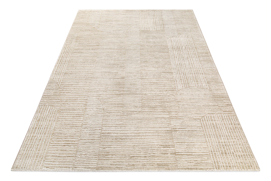 Kurzflor Teppich Raymond in Beige Bunt in Produktansicht von oben mit modernem geometrischem Muster