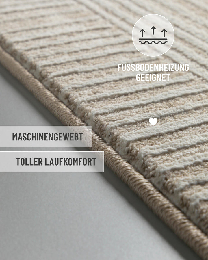 Kurzflor Teppich Raymond in Beige Bunt mit eingeblendeten Komfort und Materialeigenschaften