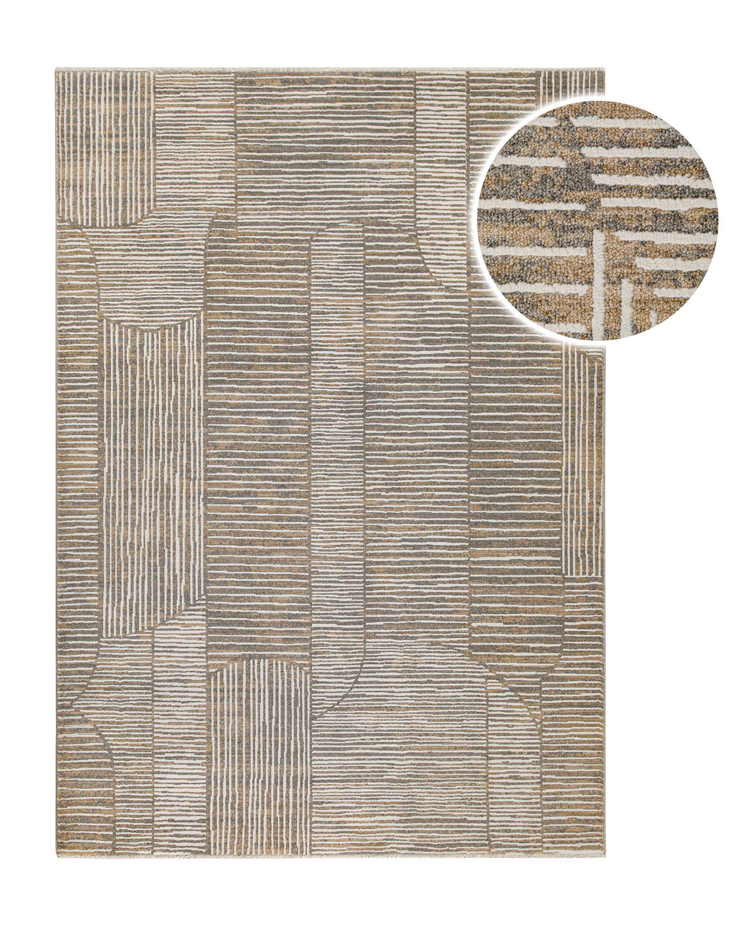 Kurzflor Teppich Raymond in Beige Grau mit modernem geometrischem Muster, Detailansicht mit vergrößertem Musterausschnitt
