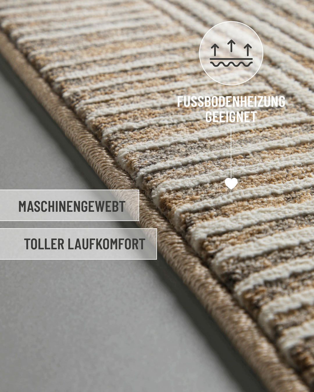 Kurzflor Teppich Raymond in Beige Grau mit eingeblendeten Komfort und Materialeigenschaften