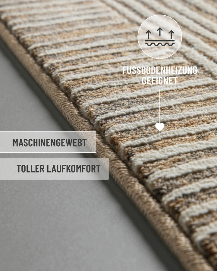 Kurzflor Teppich Raymond in Beige Grau mit eingeblendeten Komfort und Materialeigenschaften