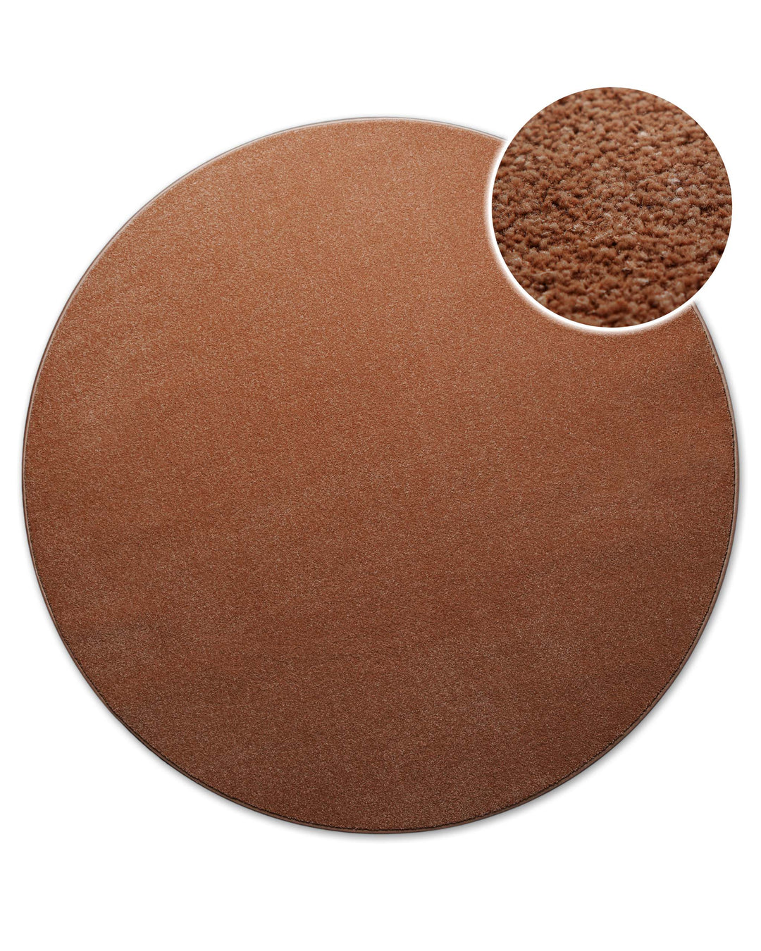 Kurzflor Teppich Freja Ziegel Rot rund, Draufsicht mit Detailausschnitt der gleichmäßigen Florstruktur