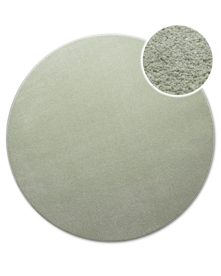 Kurzflor Teppich Freja Licht Grün rund, Draufsicht mit Detailausschnitt der feinen Florstruktur