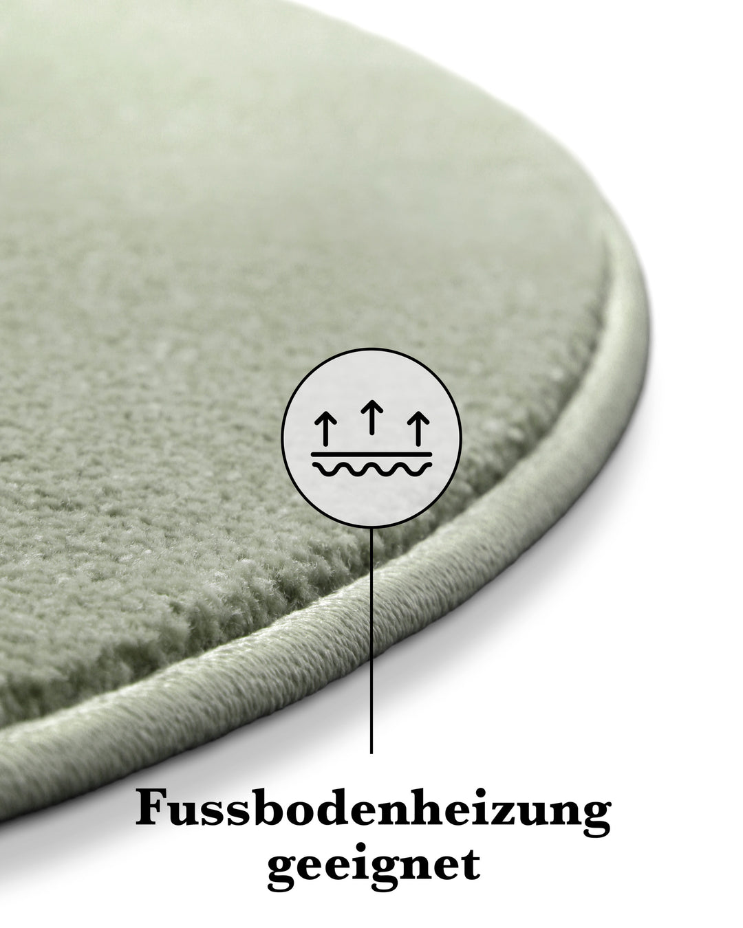 Kurzflor Teppich Freja Licht Grün rund Detailaufnahme der Kante mit Symbol für Fußbodenheizung geeignet