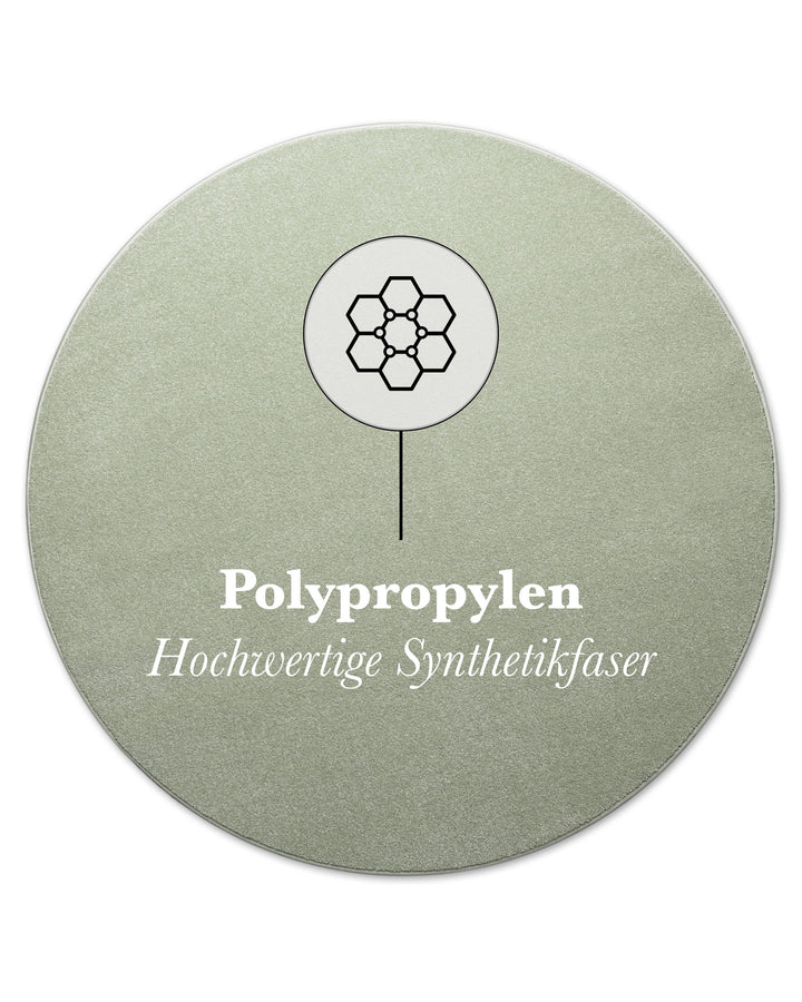 Kurzflor Teppich Freja Licht Grün rund mit Materialhinweis Polypropylen, strapazierfähig und pflegeleicht
